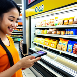 A vibrant scene in a modern Malaysian grocery store or hawker stall, a young Malaysian woman paying for her groceries with her smartphone using a mobile e-wallet app like Touch 'n Go. The cashier is smiling, and there's a QR code scanner visible. Bright, clear lighting, realistic style, diverse shoppers in the background.