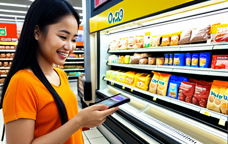 A vibrant scene in a modern Malaysian grocery store or hawker stall, a young Malaysian woman paying for her groceries with her smartphone using a mobile e-wallet app like Touch 'n Go. The cashier is smiling, and there's a QR code scanner visible. Bright, clear lighting, realistic style, diverse shoppers in the background.