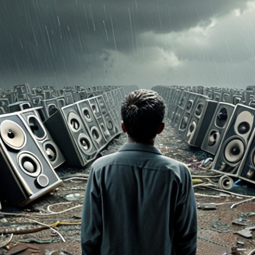 Home 8 **Prompt 1 (Jargon Breakdown):**
A central figure, a speaker, surrounded by a chaotic, illegible storm of complex technical jargon and abstract symbols, creating a visible barrier. The audience in front of them appears bewildered, disengaged, and frustrated, showing signs of misunderstanding and emotional disconnection. The scene conveys a strong sense of communication breakdown, lost trust, and missed opportunities. Muted and heavy color palette, high detail. --ar 16:9 --v